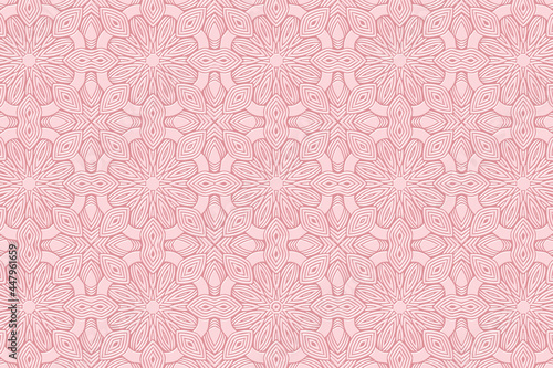 Geometric volumetric convex 3D pattern for wallpapers, presentations, websites, textiles. Embossed artistic background in traditional oriental style. Pink floral texture with ethnic ornament.