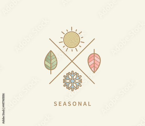 Symbols for four seasons. Icon set with signs for hot summer,cold winter,red autumn and green spring. Snowflake, red and green leaf, sun. Great template for logo, web, design. Vector illustration.