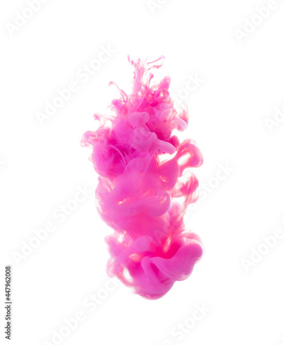 dissolving clouds of pink ink in water on a white background. copy space.
