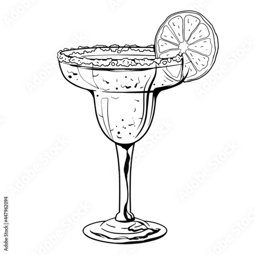 Margarita cocktail, hand drawn alcohol drink with slice of lime and salt. Vector illustration