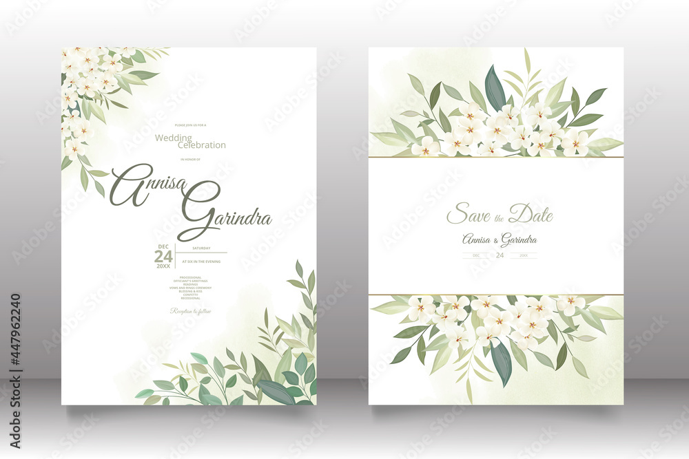  Wedding invitation card template set with beautiful white floral leaves Premium Vector