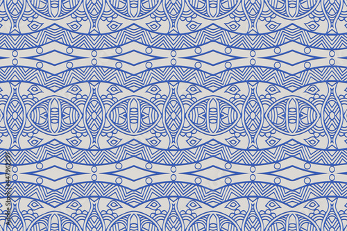 Geometric volumetric convex 3D pattern for wallpaper, websites, textiles. Embossed beautiful background in traditional oriental, Indian style. Blue texture with ethnic ornament. Handmade technique.