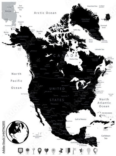 North America Black Map and Flat Map Pointers isolated on white photo