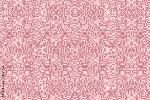 Geometric volumetric convex 3D pattern for wallpaper, websites, textiles. Embossed beautiful background in traditional oriental style. Pink velvet floral texture with ethnic ornament.