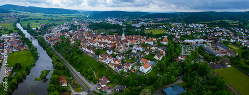 Aerial view of the city Nabburg in Germany, Bavaria. on a cloudy day in spring