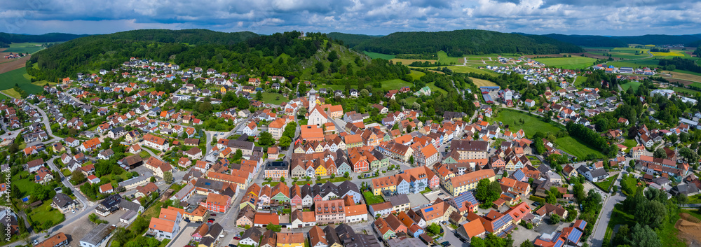 Aerial view of the city Velburg i Germany, Bavaria on a sunny day in spring
