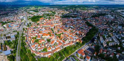 Aerial view of the city Neumarkt in der Oberpfalz in Germay, Bavaria on a sunny day in spring
