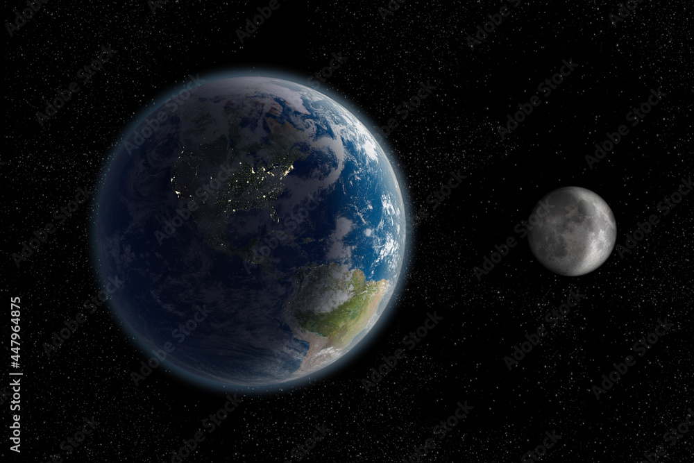 Nighttime Earth and the Moon from space
