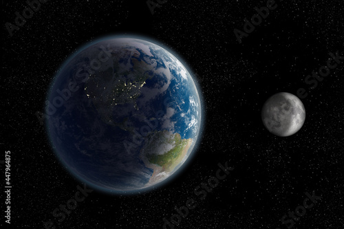 Nighttime Earth and the Moon from space