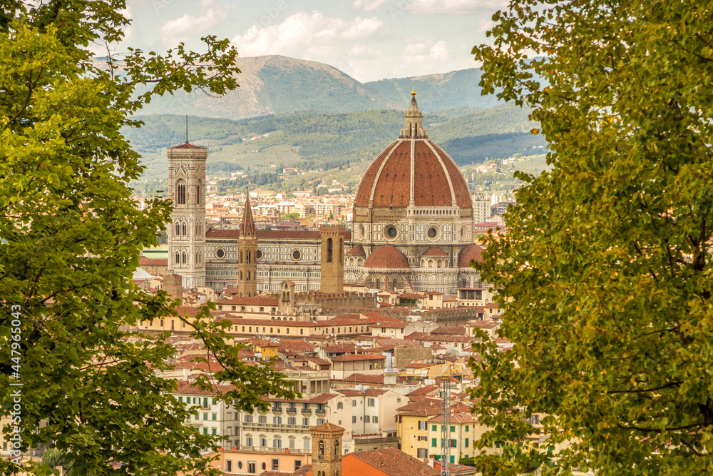 Florence's beautiful Gothic cathedral standing out over the surrounding city buildings, with the mountains in the background, framed by some green foliage