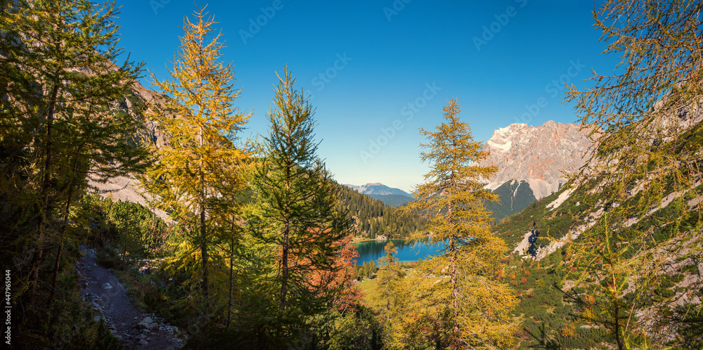 hiking trail from Ehrwald to Drachensee, view to lake Seebensee and Zugspitze mountain, austria in autumn