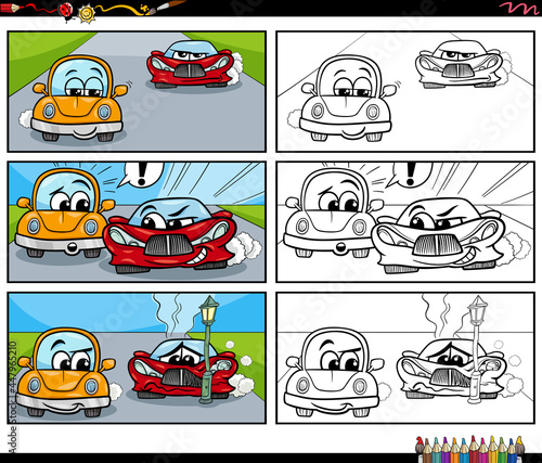 cartoon comic story with cars characters coloring book page