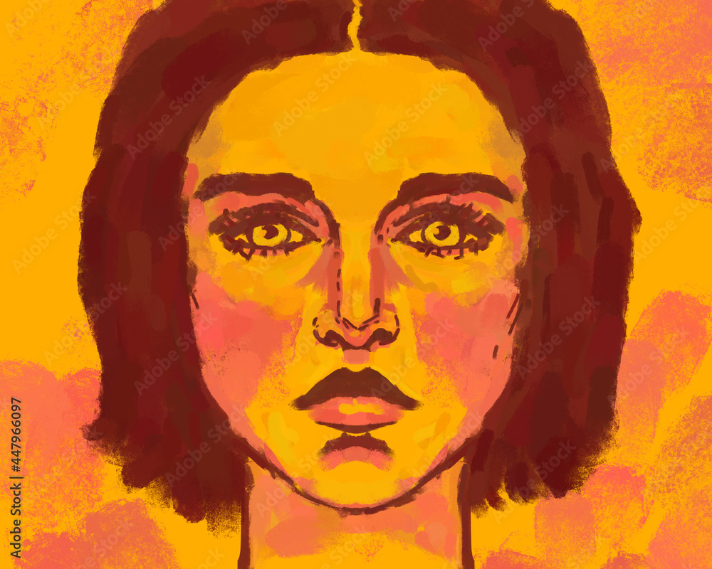 drawn stylish simple art portrait of a woman looking straight ahead in yellow, orange and brown colors