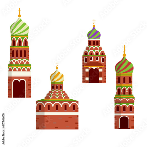 Orthodox Church. Eastern religious temple with bell tower. Monastery and Cathedral. Element of red square in Moscow Kremlin. Cartoon flat illustration.