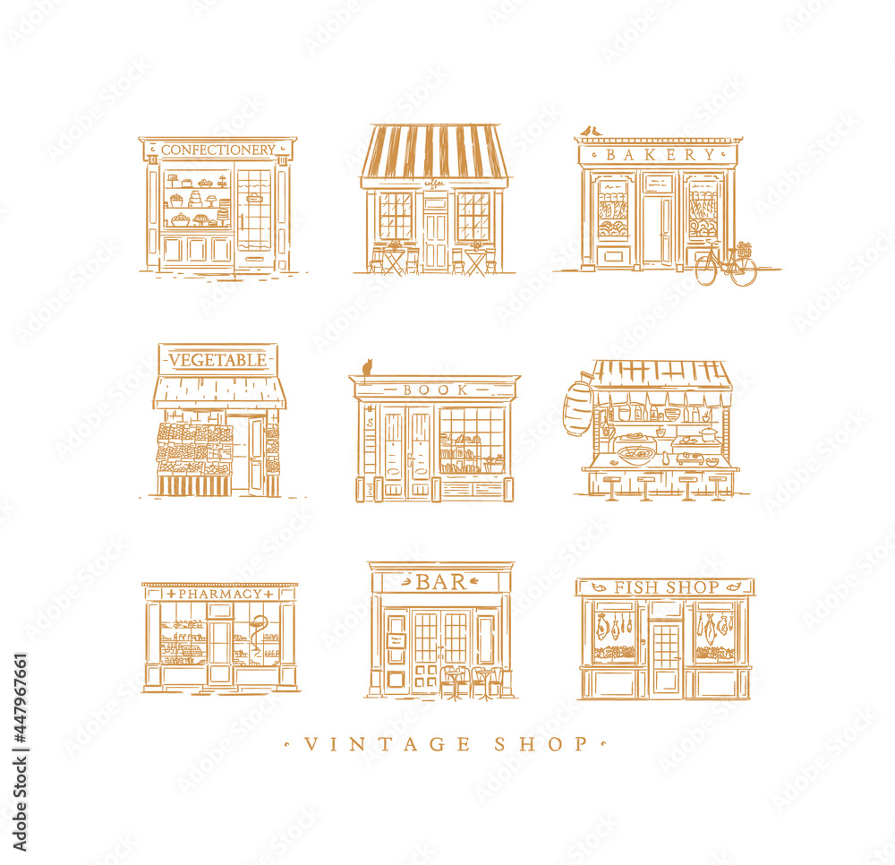 Set of cafe and shops confectionery, coffee, bakery, vegetable, book, Asian food, pharmacy, bar, fish drawing in vintage style