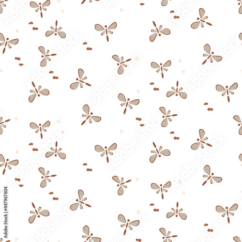 Cute small butterflies and moth bugs on a white background. Simple tender seamless pattern.