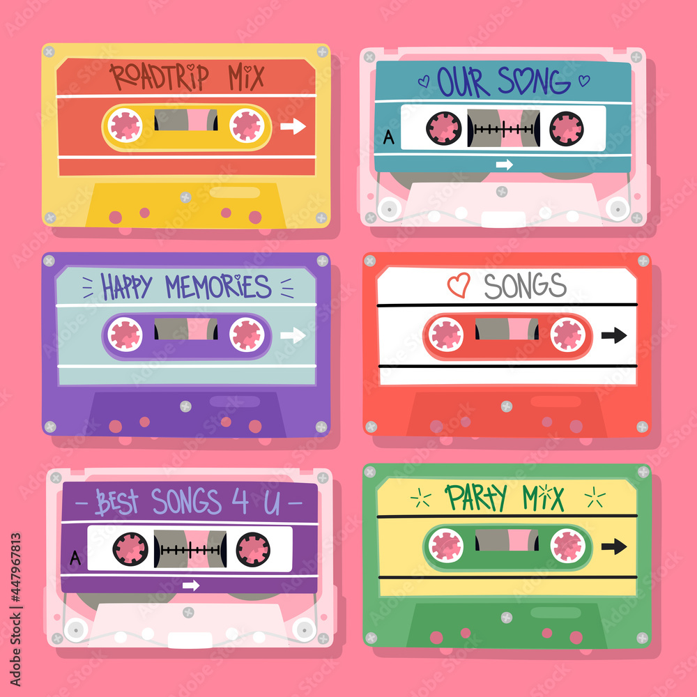 Colorful audio cassettes with notes. Vector illustration