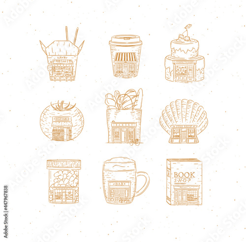 Set of set of storefront confectionery, coffee, bakery, vegetable, book, asian food, pharmacy, bar, fish shop drawing in vintage style