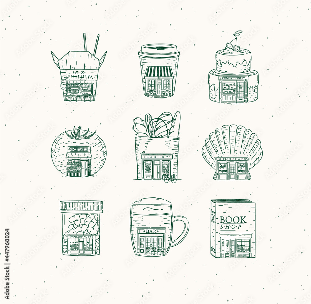 Set of set of storefront confectionery, coffee, bakery, vegetable, book, asian food, pharmacy, bar, fish shop drawing in vintage style with green lines