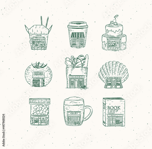 Obraz na płótnie Set of set of storefront confectionery, coffee, bakery, vegetable, book, asian food, pharmacy, bar, fish shop drawing in vintage style with green lines w salonie