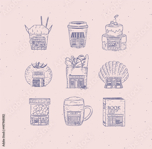 Set of set of storefront confectionery, coffee, bakery, vegetable, book, asian food, pharmacy, bar, fish shop drawing in vintage style with blue lines