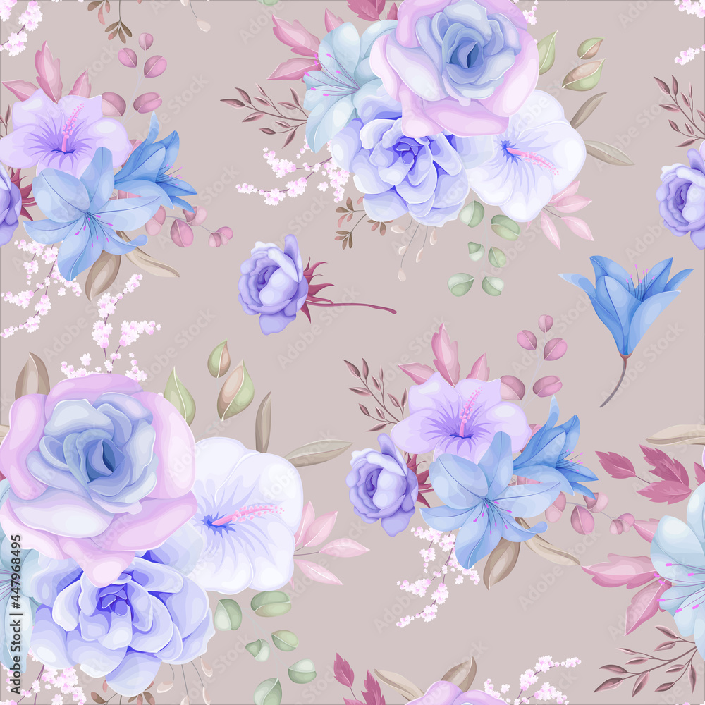 Beautiful purple and blue floral and leaves seamless pattern design