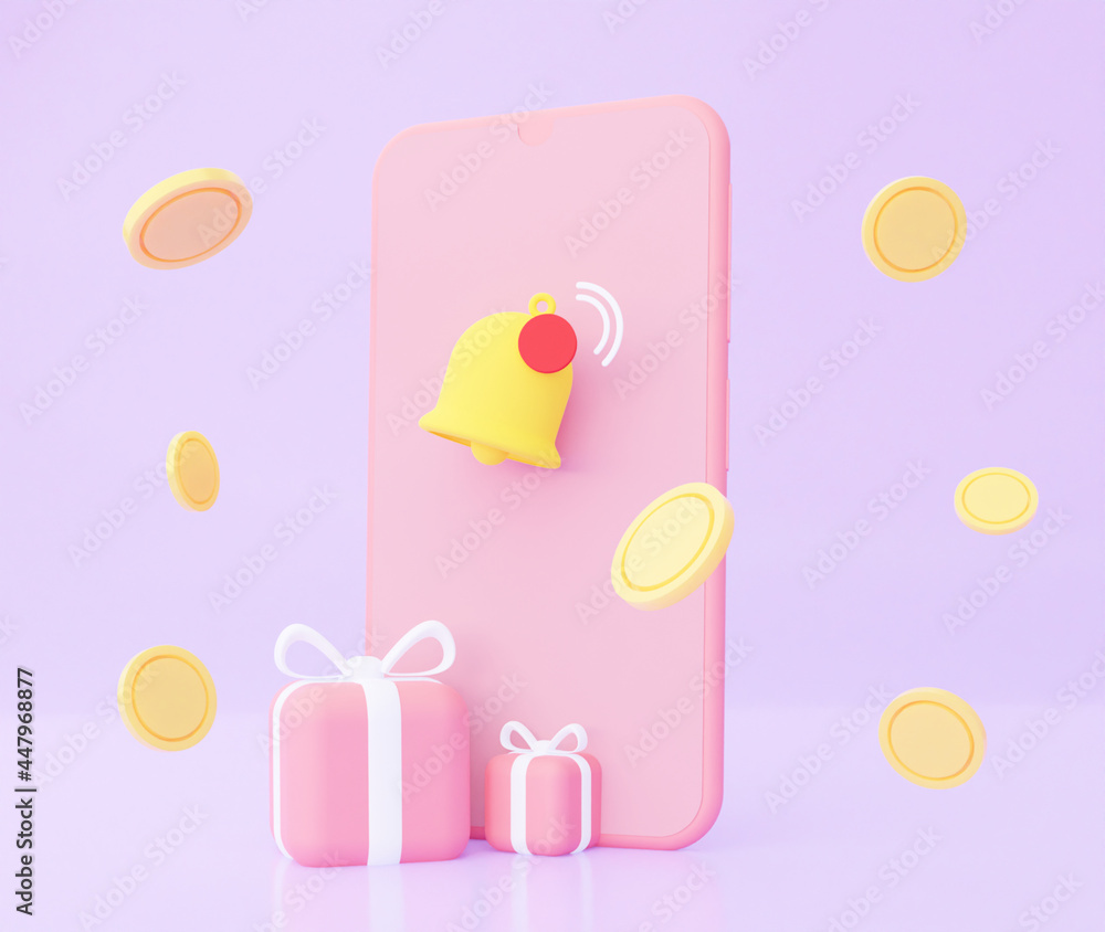 Bell Notification on the mobile phone about the prize event with flying coins and gifts. 3d rendering. Bell Notification on the mobile phone about the prize event with flying coins and gifts. 3d rendering.