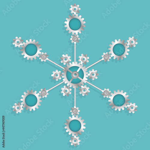 A unique snowflake design with mechanical gears 
