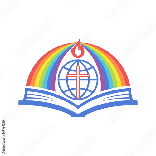 Biblical illustration. An open bible and a rainbow of the covenant.