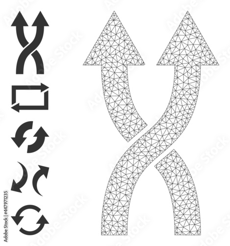 Mesh polygonal shuffle arrows up icon with simple carcass created from shuffle arrows up vector illustration. Carcass mesh polygonal shuffle arrows up. Wire frame 2D network in vector EPS format.