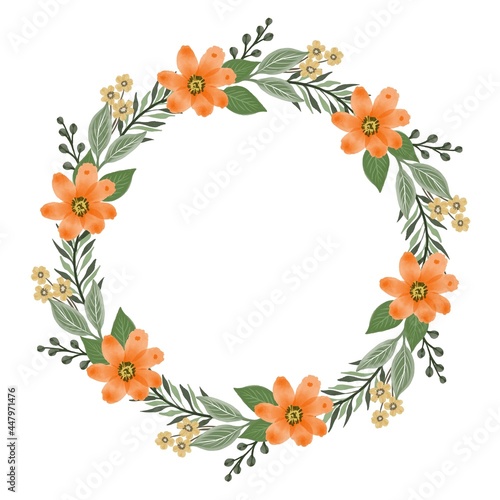 circle oranges bouquet, circle frame with orange flower and green leaf border