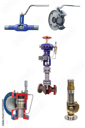 five state-of-the-art manual and automatic shut-off valves for gas pipeline isolated on a white background. Transverse section