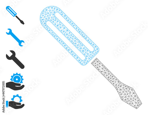 Mesh polygonal screwdriver icon with simple carcass created from screwdriver vector graphics. Carcass mesh polygonal screwdriver. Wire carcass flat mesh in vector EPS format.