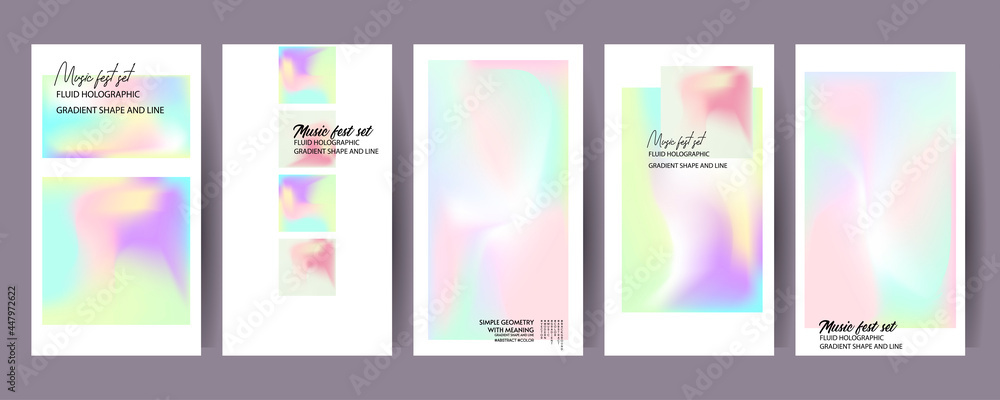 Gradient mesh cover set of backgrounds texture foil pearl shades. Abstract stylish gradient with holographic foil. 90s, 80s retro style