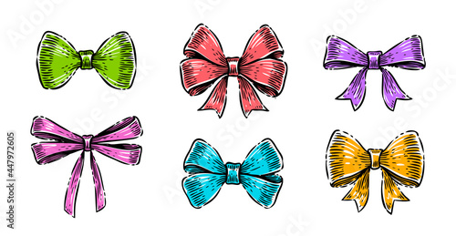 Set of red gift bows with ribbons. Decoration for holiday vector illustration