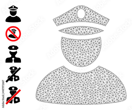 Mesh polygonal police man icon with simple carcass created from police man vector graphics. Carcass mesh polygonal police man. Linear carcass flat network in eps10 vector format.