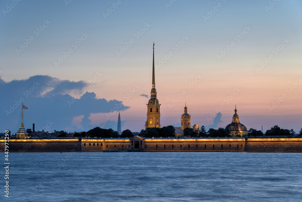 Peter and Paul (Petropavlovskaya) Fortress (build in 1740) on the Hare Island on the Neva river in Saint Petersburg, Russia during the white nights