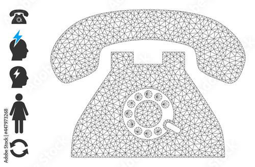 Mesh polygonal pulse phone icon with simple carcass created from pulse phone vector graphics. Carcass mesh polygonal pulse phone. Wire carcass flat network in vector EPS format.