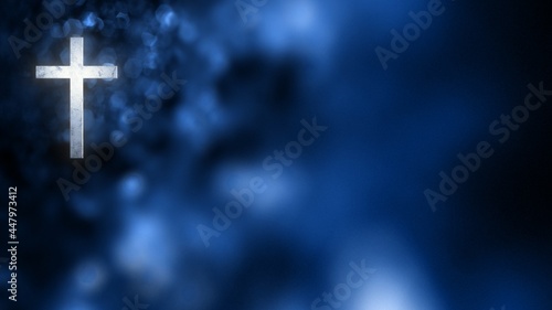 Christian Cross on Horizontal blue bokeh banner background with copy space. 3D illustration for social media online worship live stream church prayer on Feast of Mary, and the Immaculate Conception.