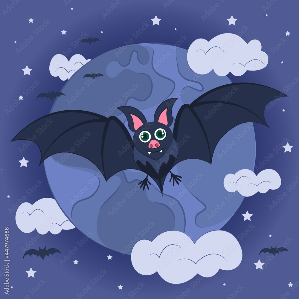 Background bat and moon with clouds. Vector illustration. Halloween night background. October holiday banner. Flying bat. 