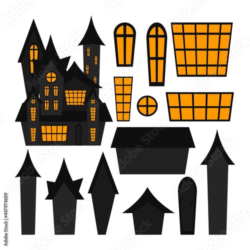 Creepy house constructor isolated on white background. Halloween haunted house. Vector flat illustration. Witch hut, vampire castle, haunted house, and cemetery chapel. 