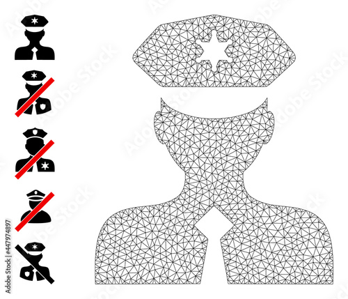 Mesh network police officer icon with simple pictograms. Vector model created from police officer vector graphics. Frame mesh polygonal police officer. Wire frame mesh in vector EPS format.