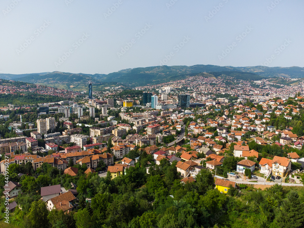Aerial drone view of city of Sarajevo. Capital of Bosnia and Herzegovina.	
