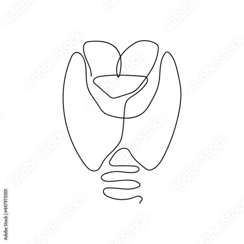 Human thyroid gland one line art. Continuous line drawing of human, internal, organs, thyroid gland, trachea, larynx, thyroid cartilage, laryngeal muscles.