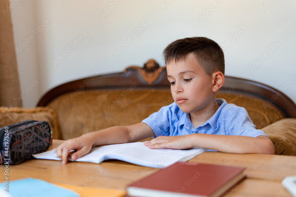 Naklejka premium The boy is not very happy to return to home schoolwork, sits over a notebook and solves a difficult task.