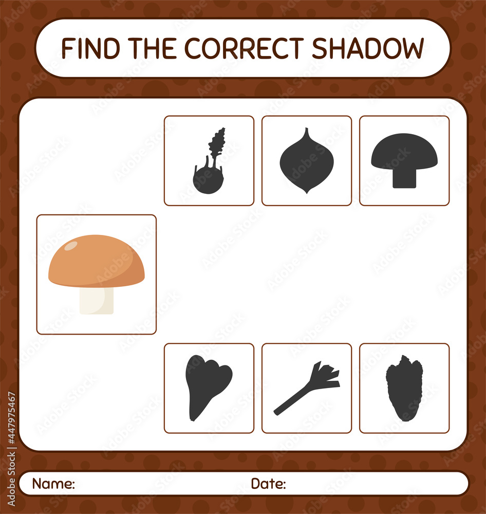 Find the correct shadows game with mushroom. worksheet for preschool kids, kids activity sheet