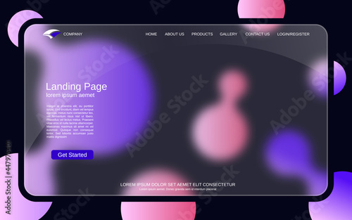 Website landing page vector template. Abstract style background for webpage and application with glassmorphism effect