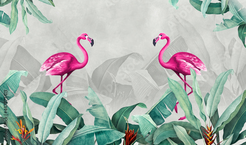 rozowe-flamingi-i-tropikalne-liscie-na-szarym-tle