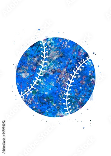 Baseball ball blue watercolor art, abstract sport painting. blue sport art print, watercolor illustration artistic, decoration wall art.