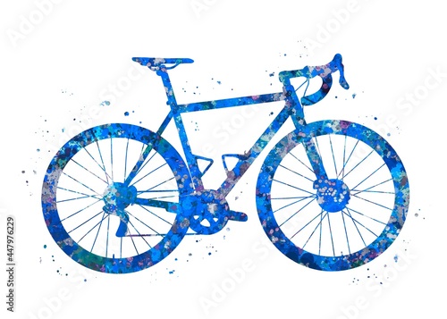 Road bike blue watercolor art, abstract sport painting. blue sport art print, watercolor illustration artistic, decoration wall art.